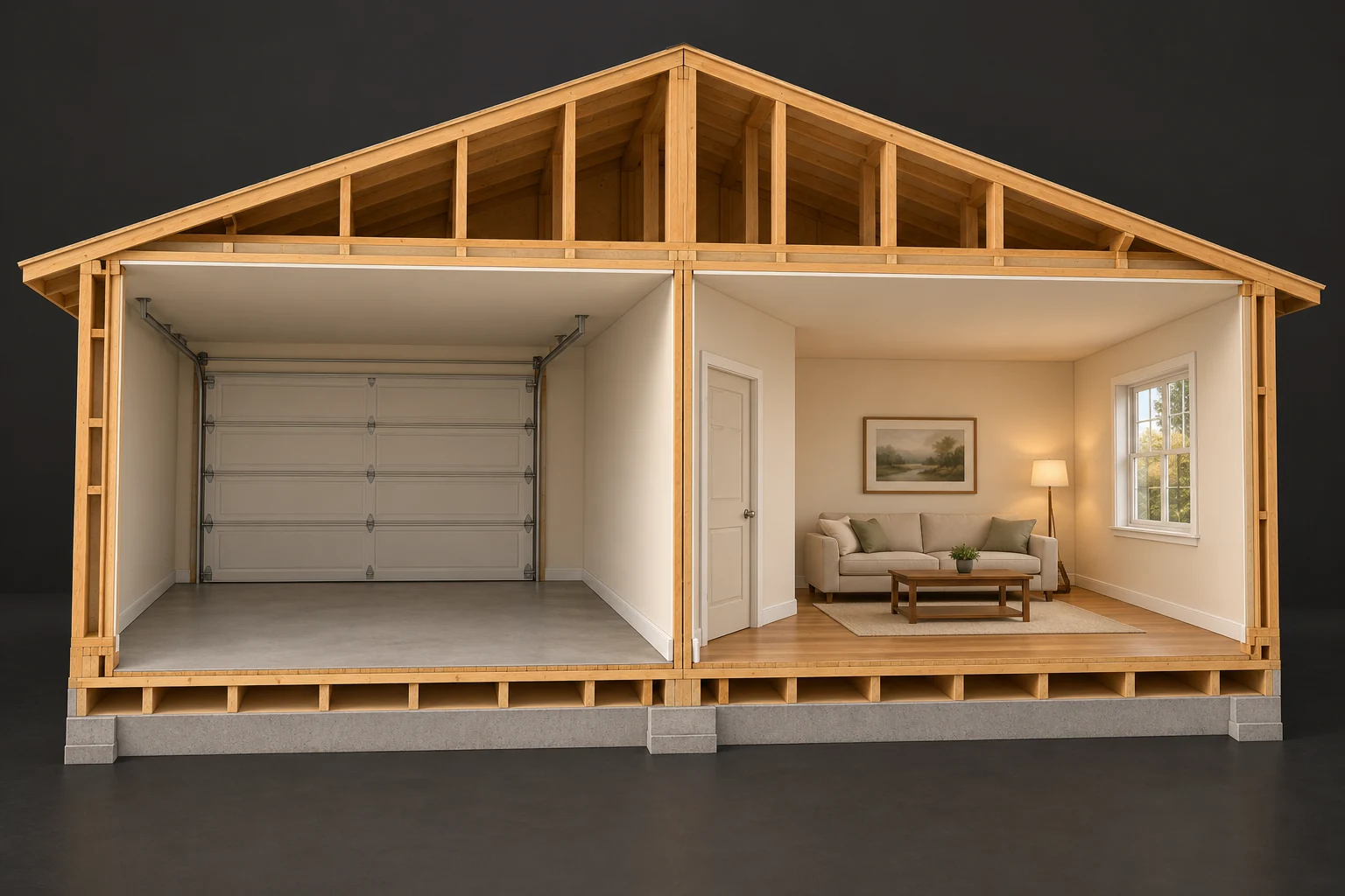 Cutaway timber house miniature with an empty garage beside a furnished room, a separating wall plane, an ordinary closed door and visible floor and ceiling junctions