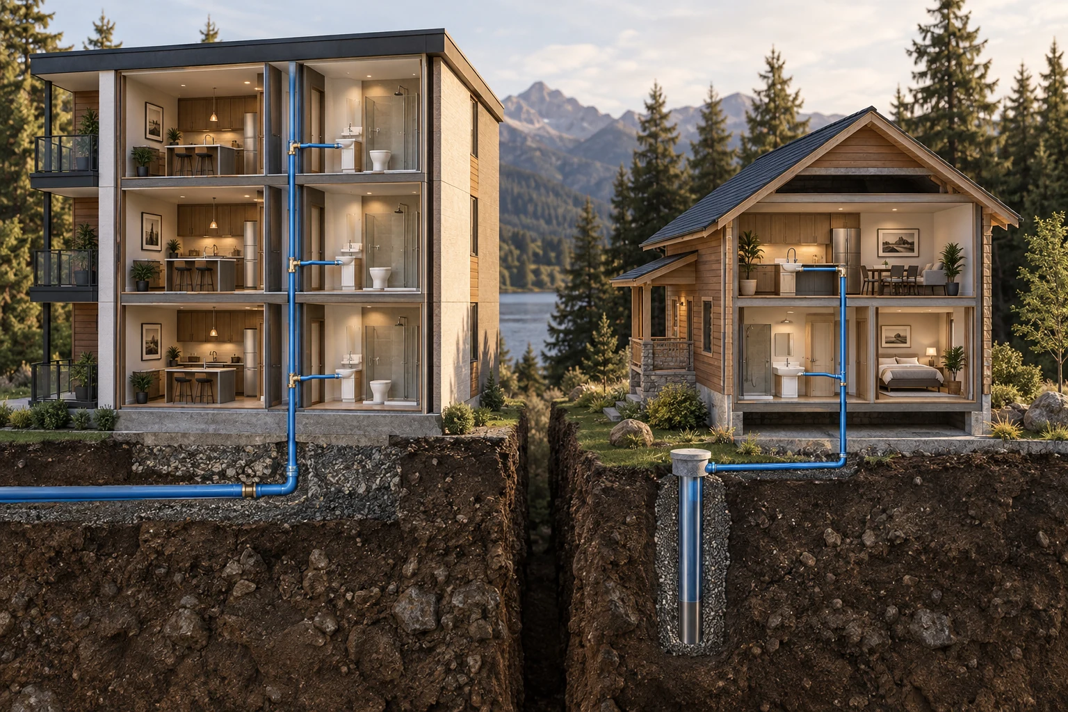Two separated conceptual building sections: an apartment building with a shared incoming pipe and vertical riser, and a detached home with a separate capped well connection.