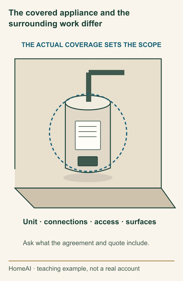 Original illustrated coverage-scope study places an enclosed water heater beside a wall, an indicative connection and a floor, with separate appliance and surrounding-work callouts; no repair instruction.