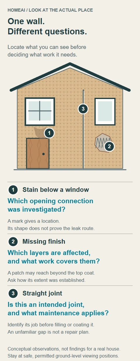 Labelled house-wall diagram links a stain beneath a window, a patch of missing finish and a straight joint with three different repair questions.