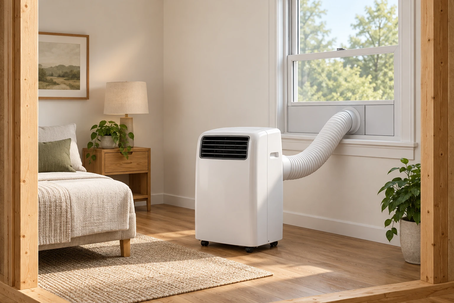 A closed portable unit connects through one visible exhaust duct to the window panel. The exact native figure separately explains room cooling and replacement air.