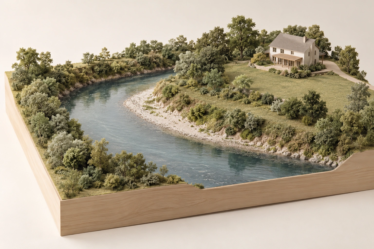 River bend, vegetated banks and home on higher land; no waterflow path, flood level or ownership boundary.