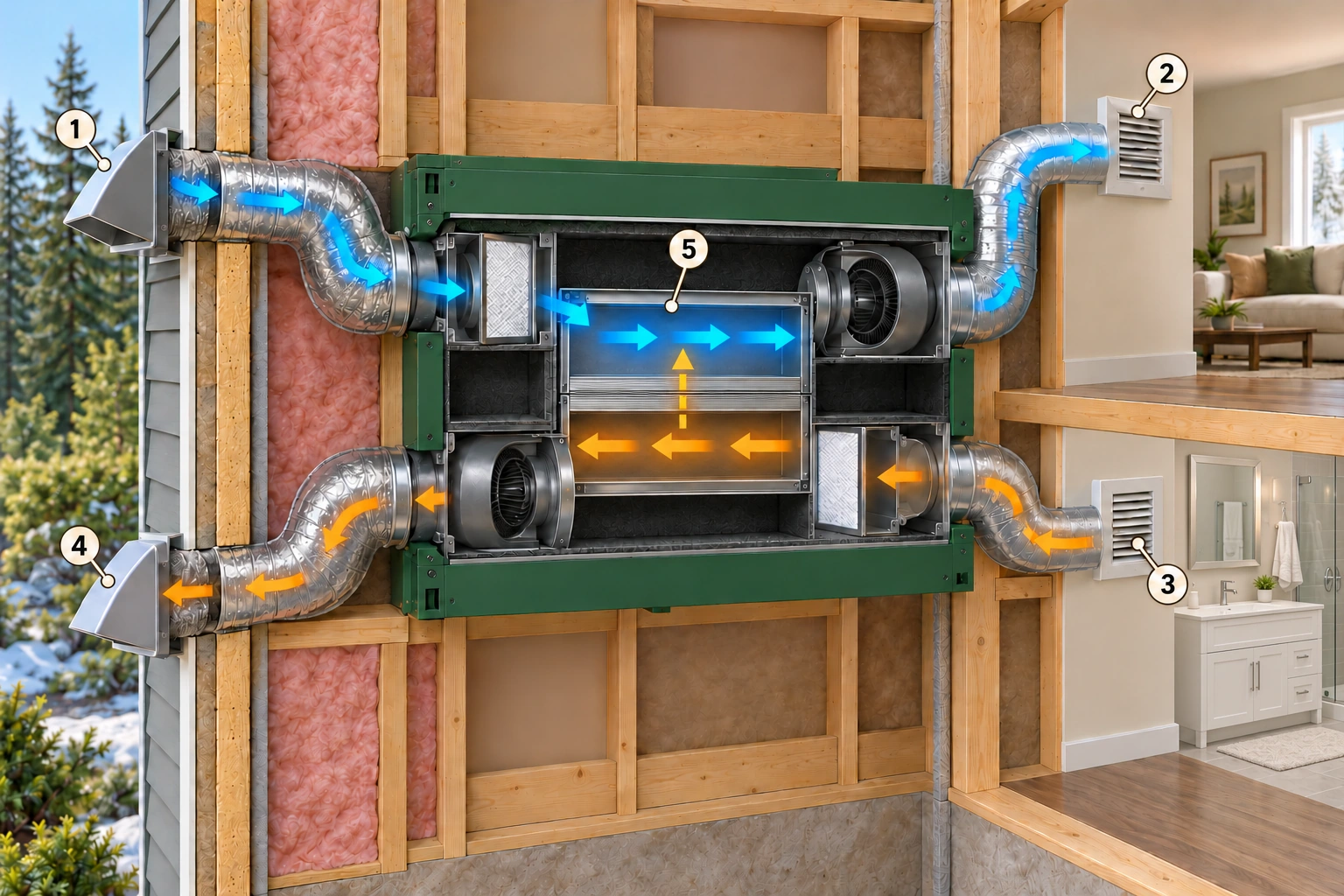 Cutaway linking four ventilator connections to an outdoor intake, room supply, indoor collection and outdoor exhaust.