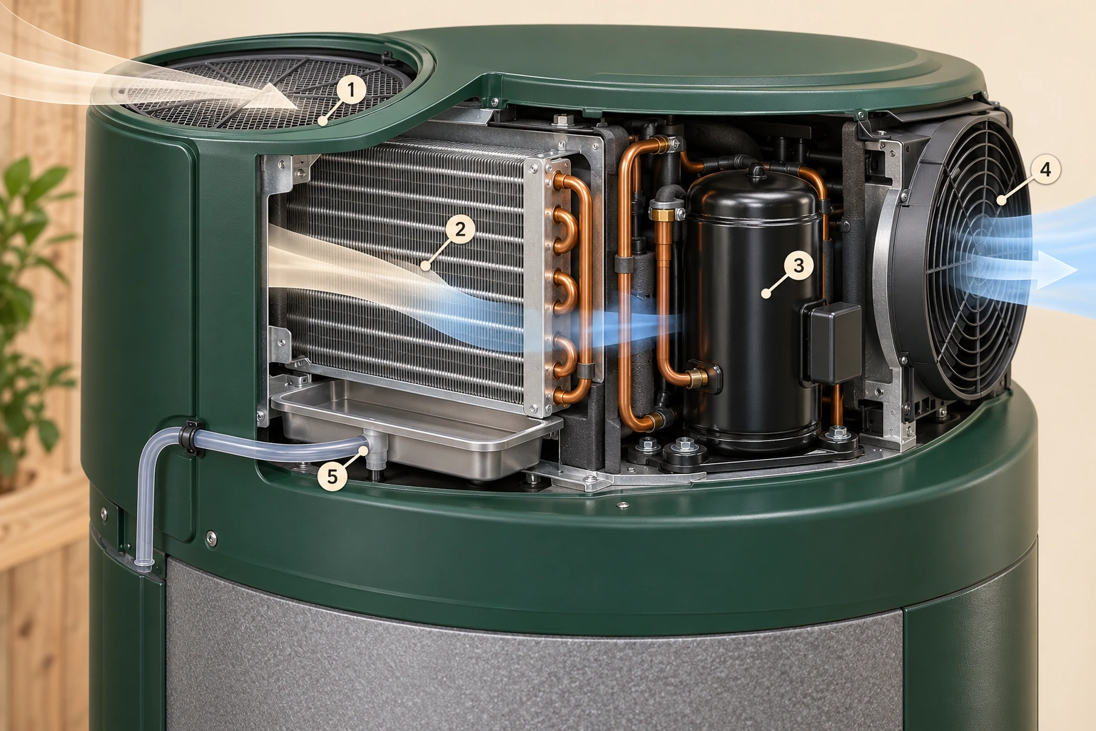 Original conceptual heat-pump water-heater head cutaway shows an intake filter, finned air-side coil, separate compressor, outlet fan and condensate tray/drain above a closed tank, with five numbered parts.